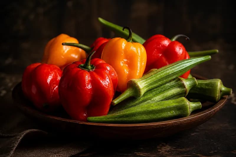 Peppers & pods: Scotch bonnet pepper, Okra