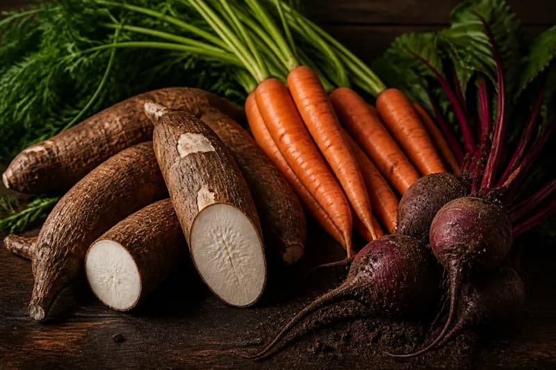 Roots & tubers: Cassava (yuca), Carrot, Beetroot