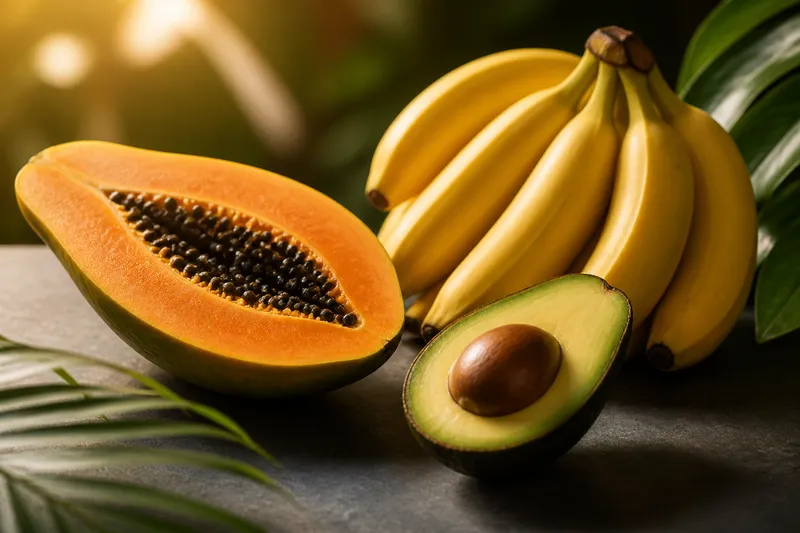 Tropical fruit: Papaya, Banana, Avocado