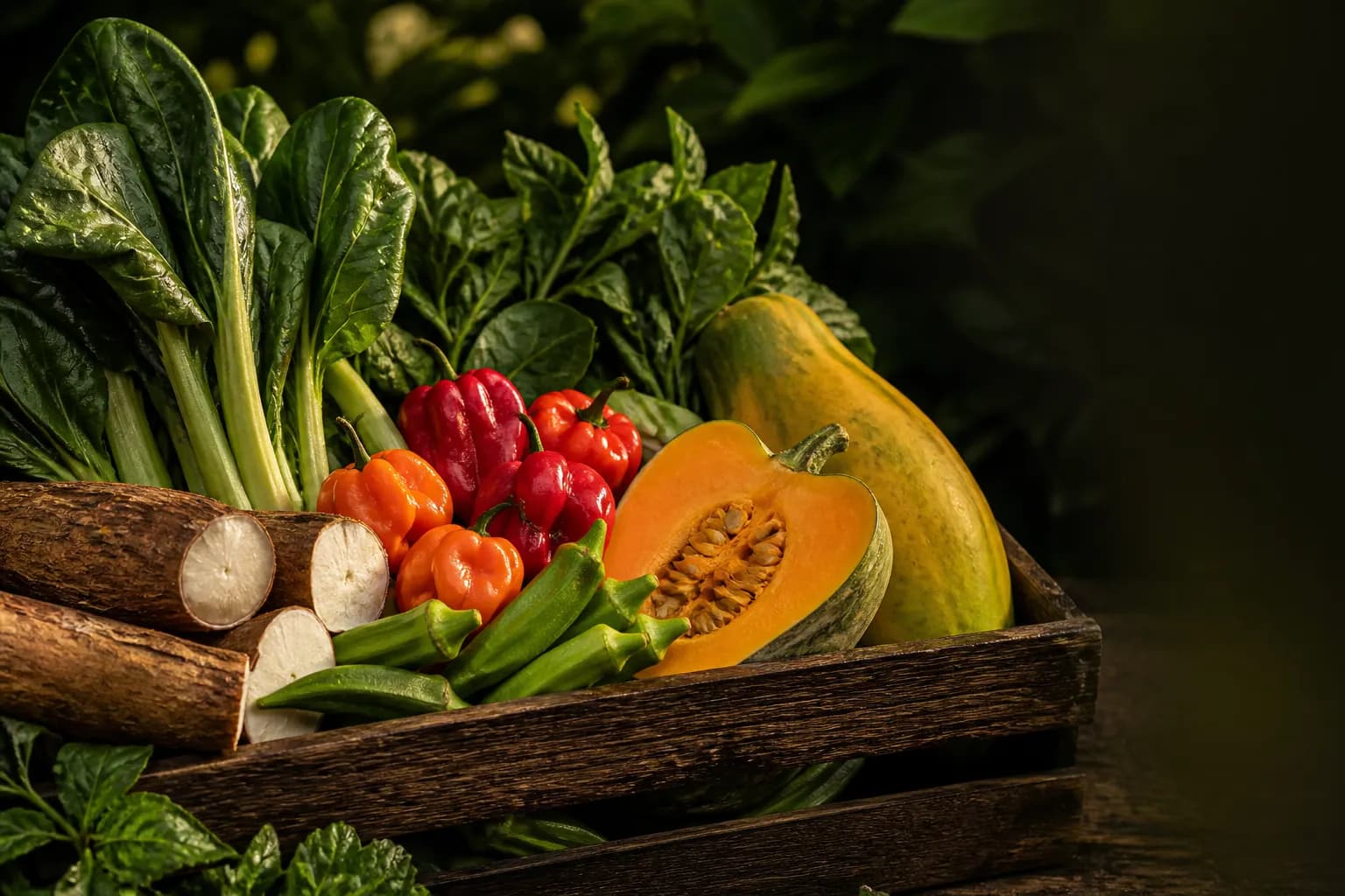 A crate of fresh Florida-grown Caribbean produce: callaloo, scotch bonnet peppers, okra, cassava, calabaza, and papaya